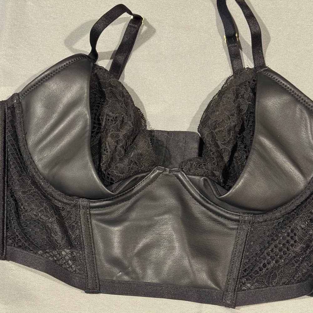 Victoria's Secret Black Lace and Faux Leather Bra